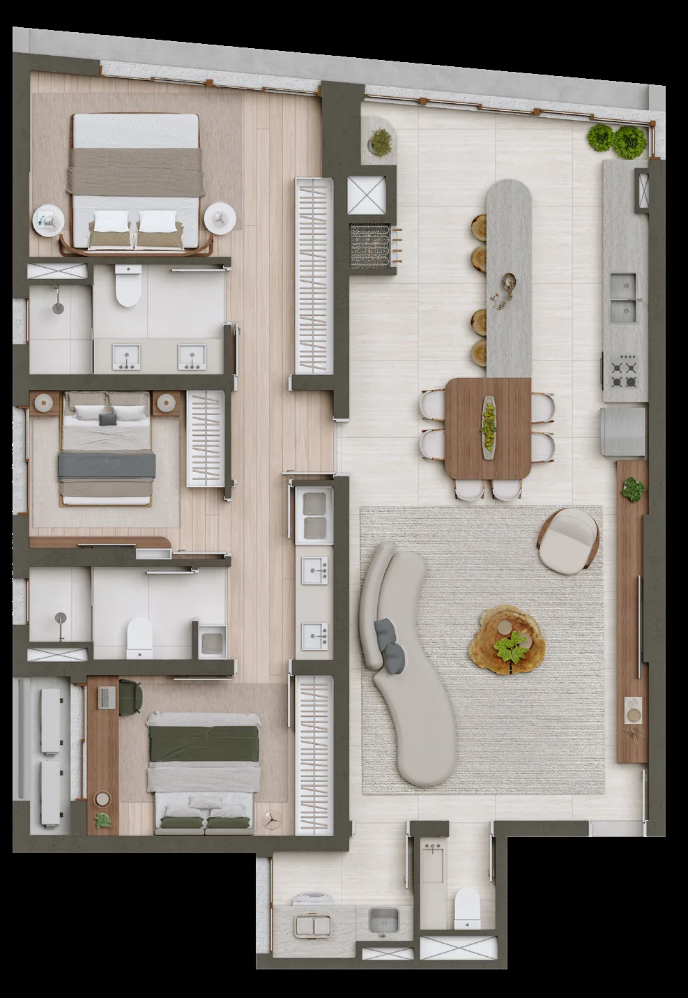 Planta humanizada do apartamento de 130 m² com 1 suíte e 2 demi-suítes