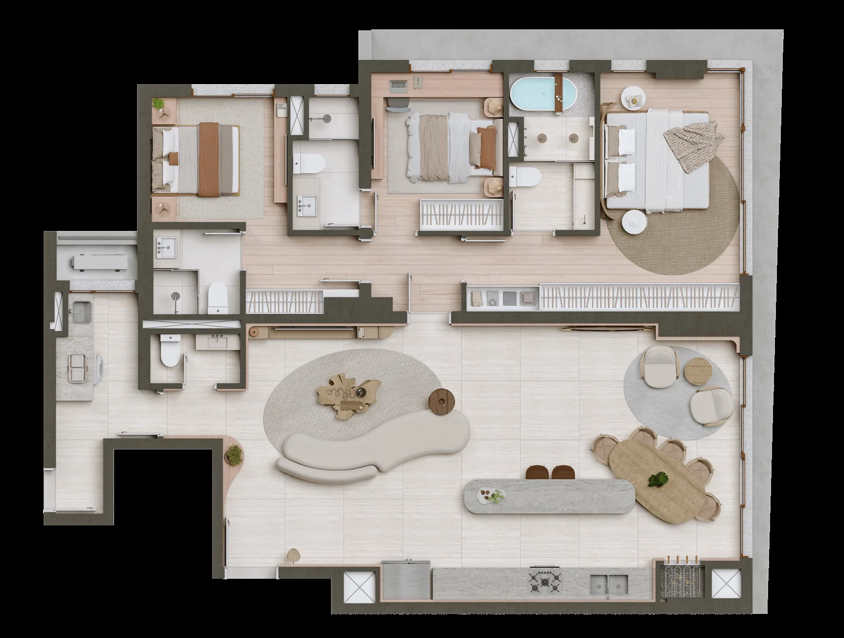Planta humanizada do apartamento de 149 m² com 3 suítes