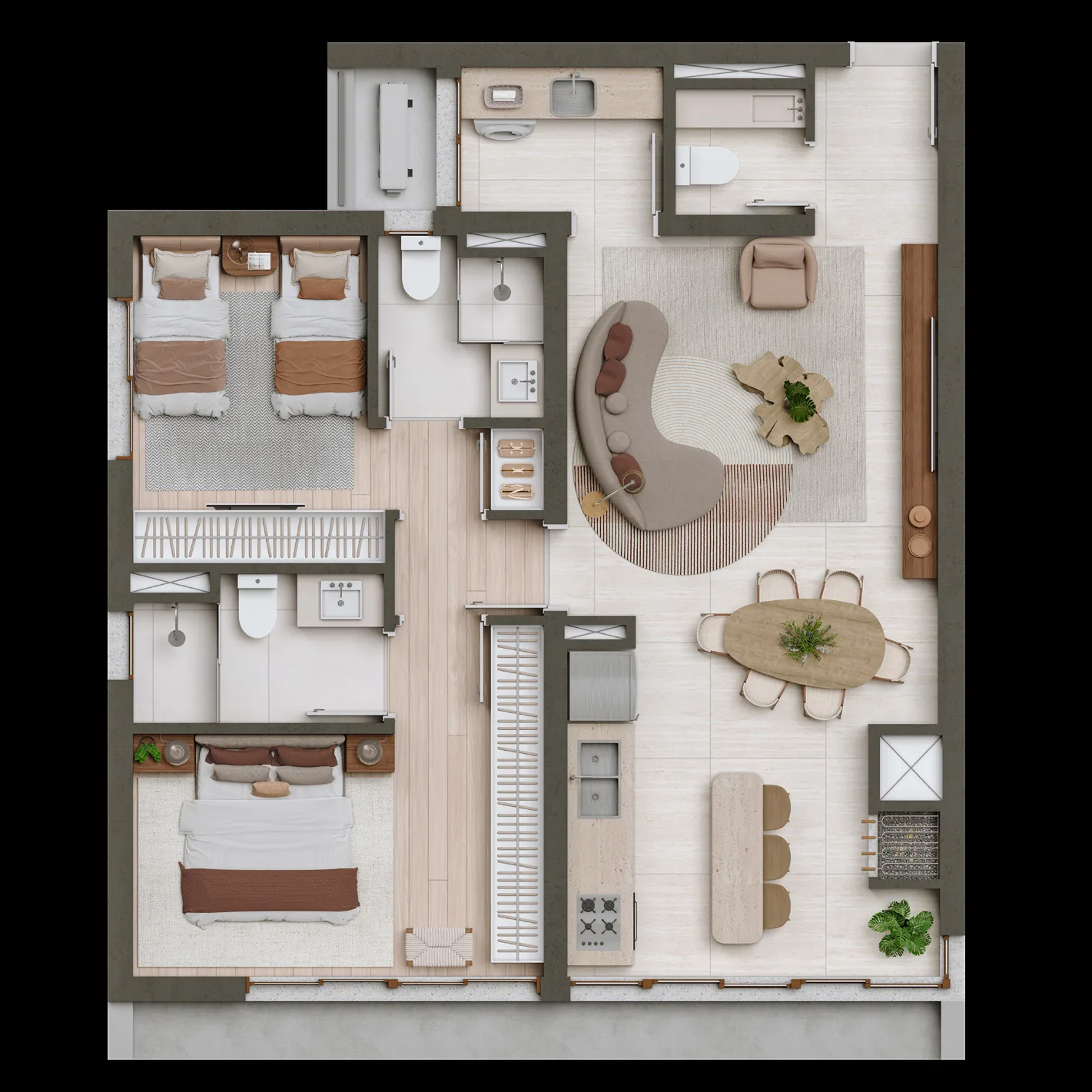 Planta humanizada do apartamento de 87 m² com 2 suítes