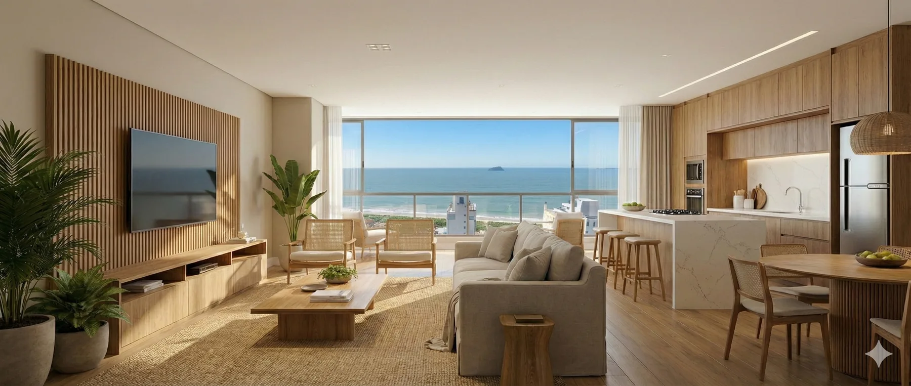 Living integrado e varanda com vista mar do Kairós
