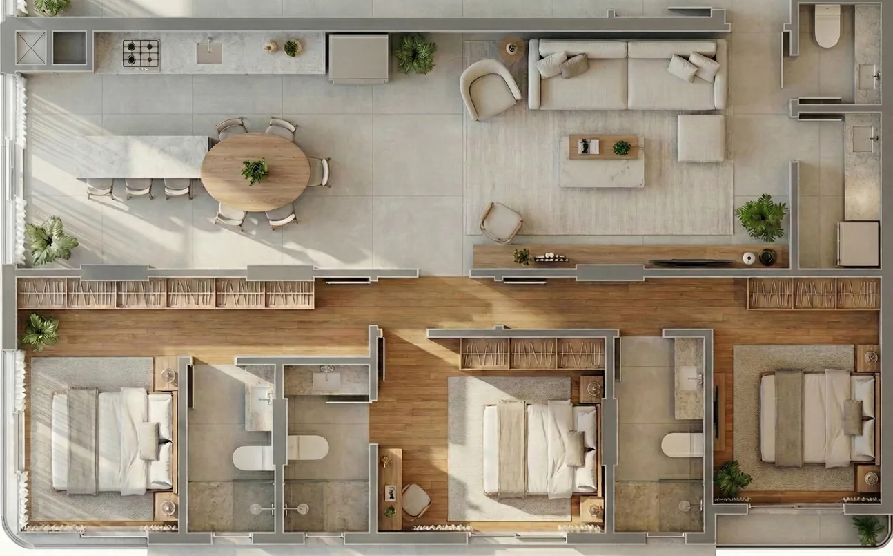 Planta humanizada do apartamento tipo de 3 suítes